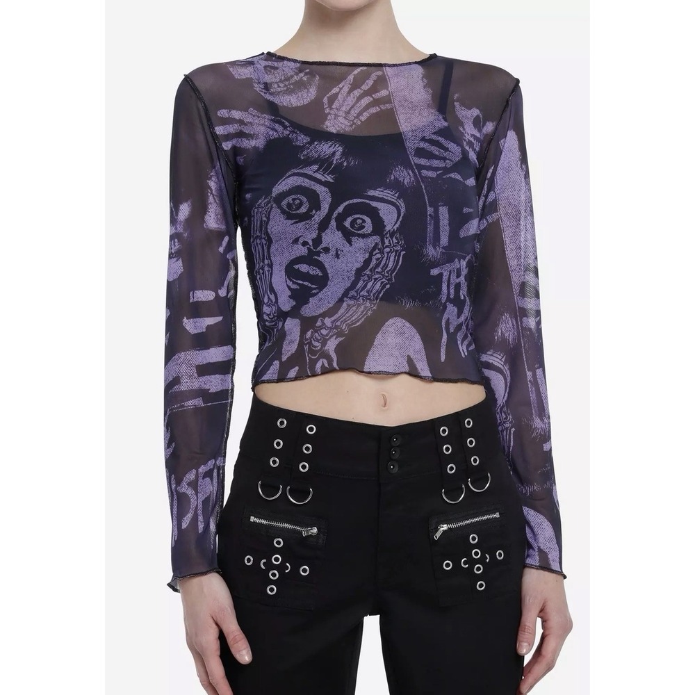 Misfits All over Print Mesh Cropped Top Women 2XL Black Purple Gothic Emo Grunge